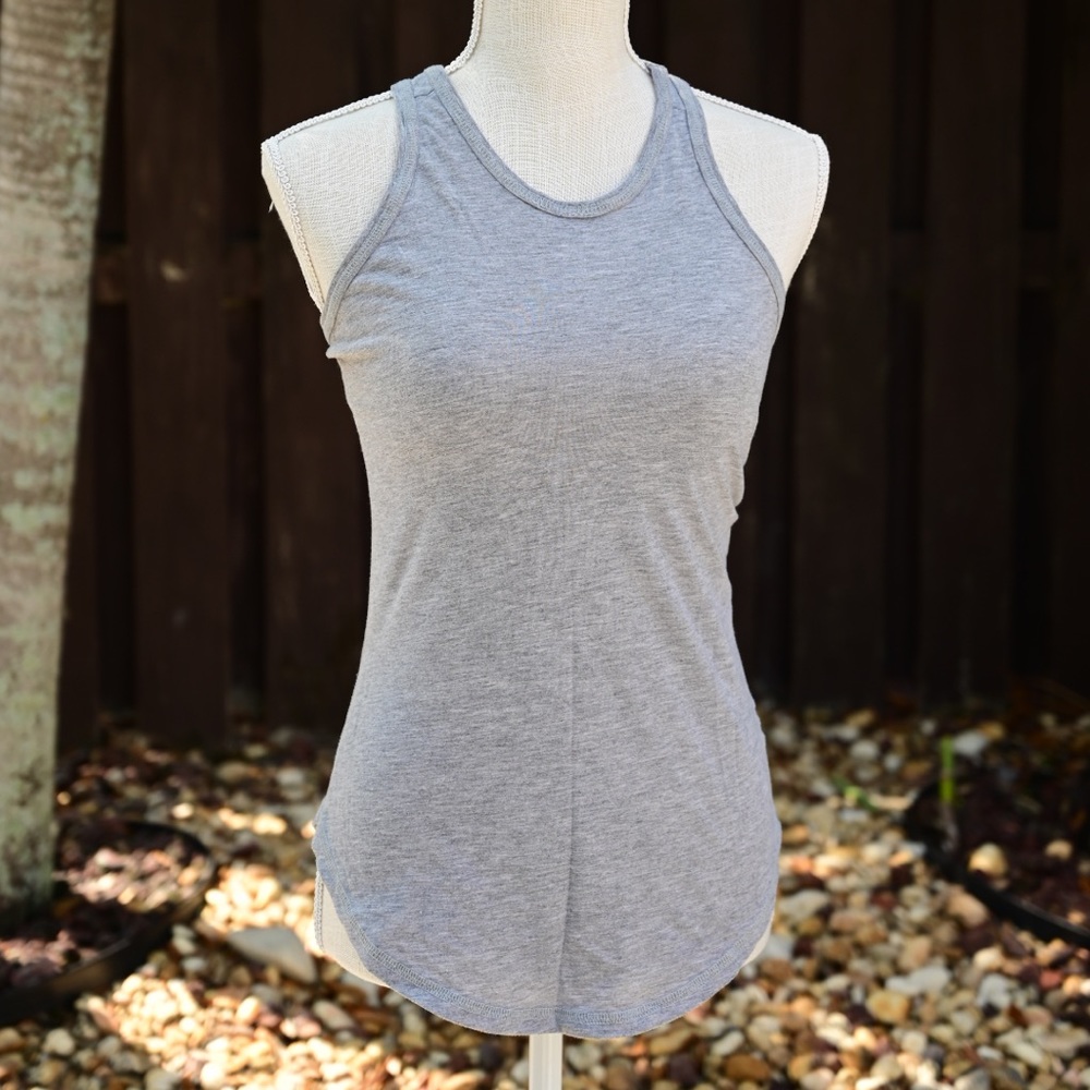 Gray fitted Zumba tank top this logo on the back